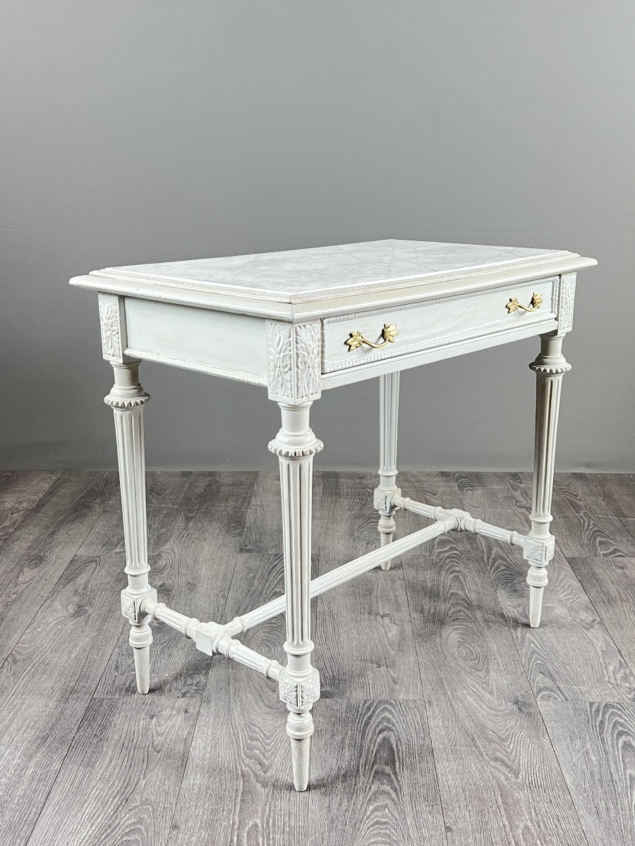 Table de style Louis XVI en bois peint et plateau en marbre, XXe Siècle-photo-3