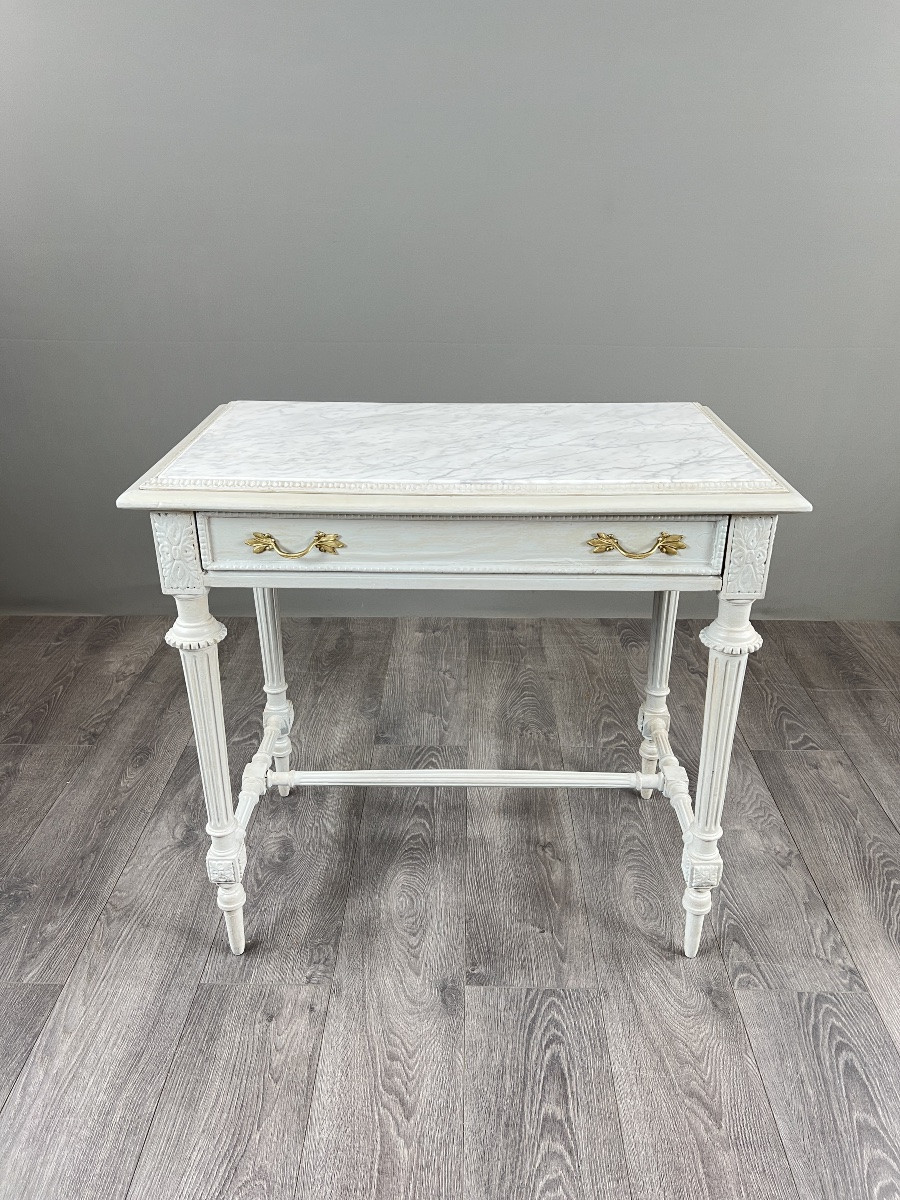 Table de style Louis XVI en bois peint et plateau en marbre, XXe Siècle-photo-5