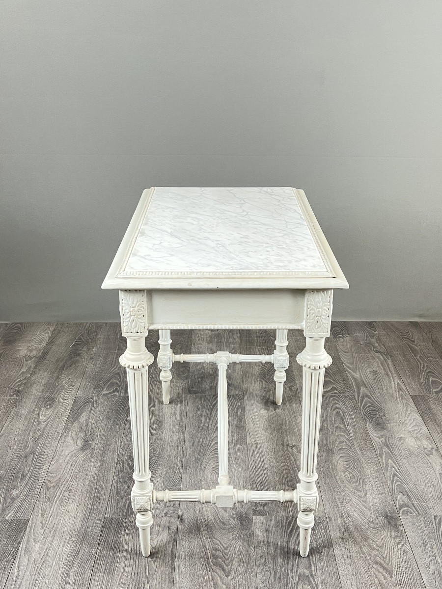 Table de style Louis XVI en bois peint et plateau en marbre, XXe Siècle-photo-6