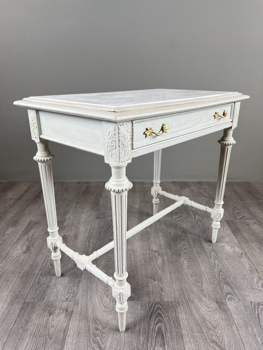 Table de style Louis XVI en bois peint et plateau en marbre, XXe Siècle-photo-7