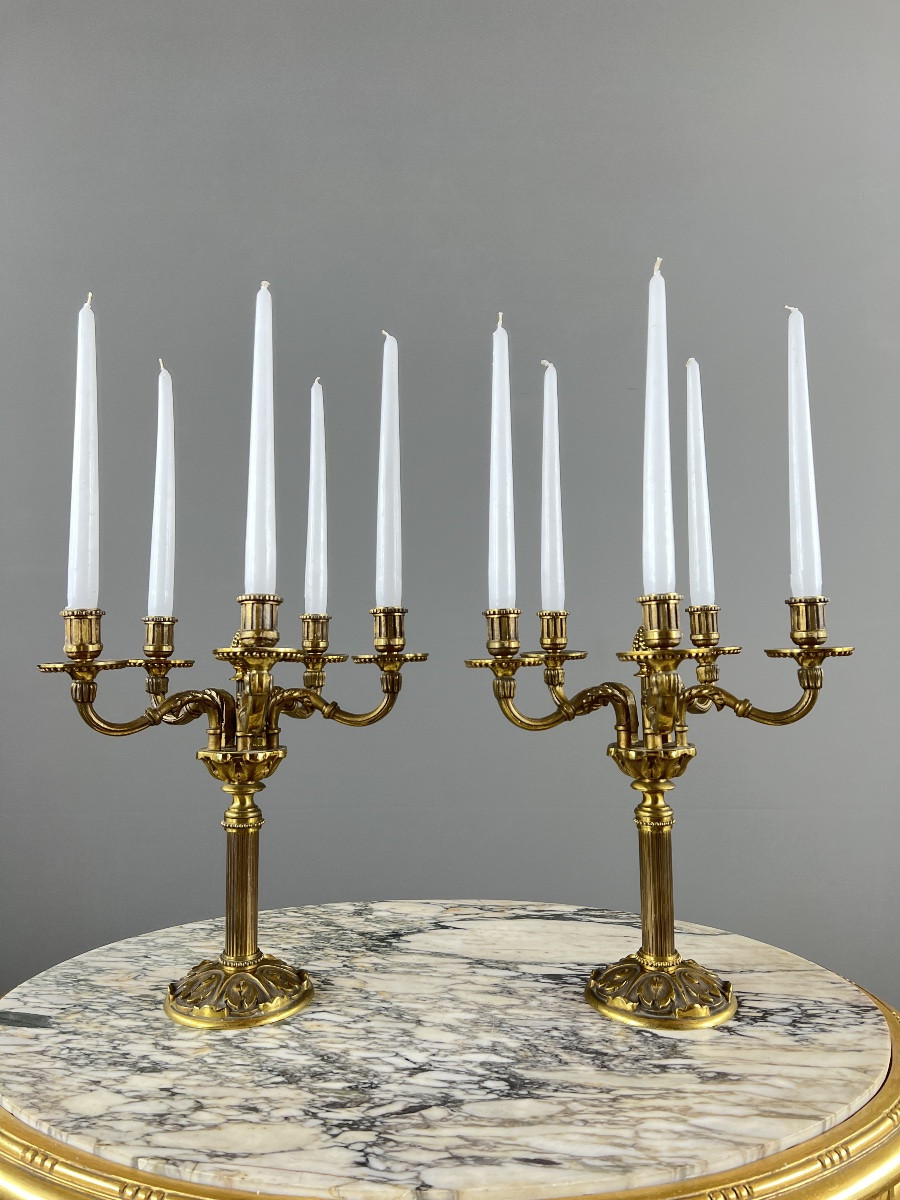 Pair Of 5-light Gilt Bronze Candelabra In The Louis XVI Style, 20th Century-photo-5