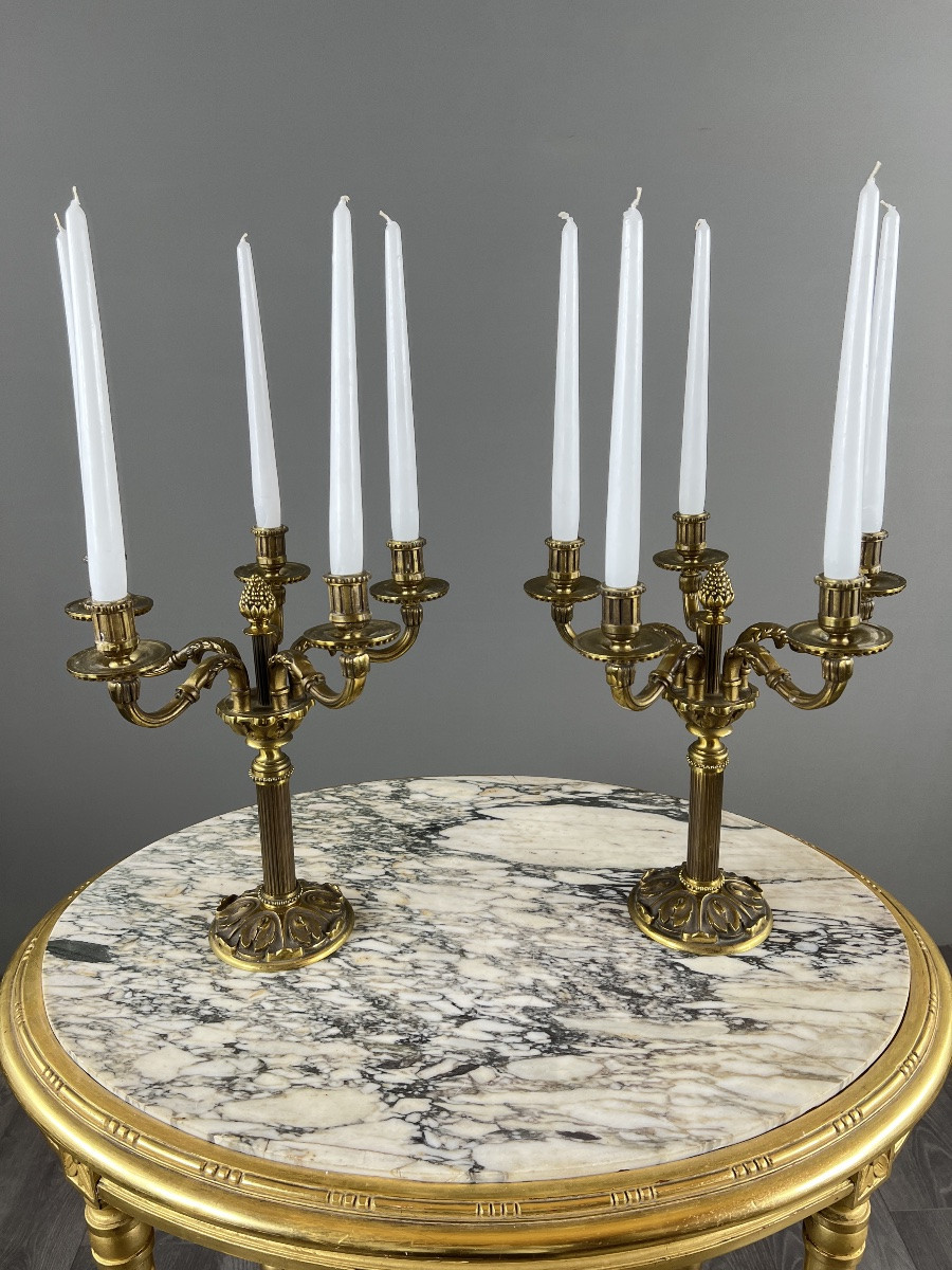 Pair Of 5-light Gilt Bronze Candelabra In The Louis XVI Style, 20th Century-photo-6