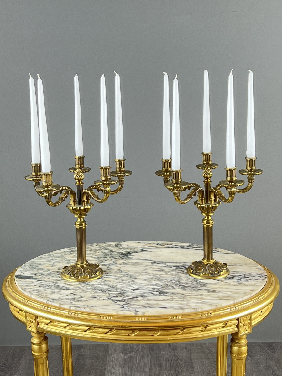 Pair Of 5-light Gilt Bronze Candelabra In The Louis XVI Style, 20th Century