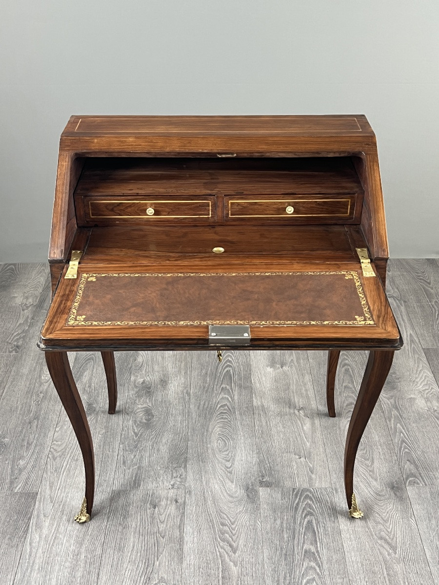 Marquetry Secretary With Flap, Louis XV Style, 19th Century-photo-2