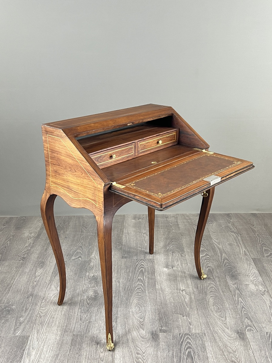 Marquetry Secretary With Flap, Louis XV Style, 19th Century-photo-3