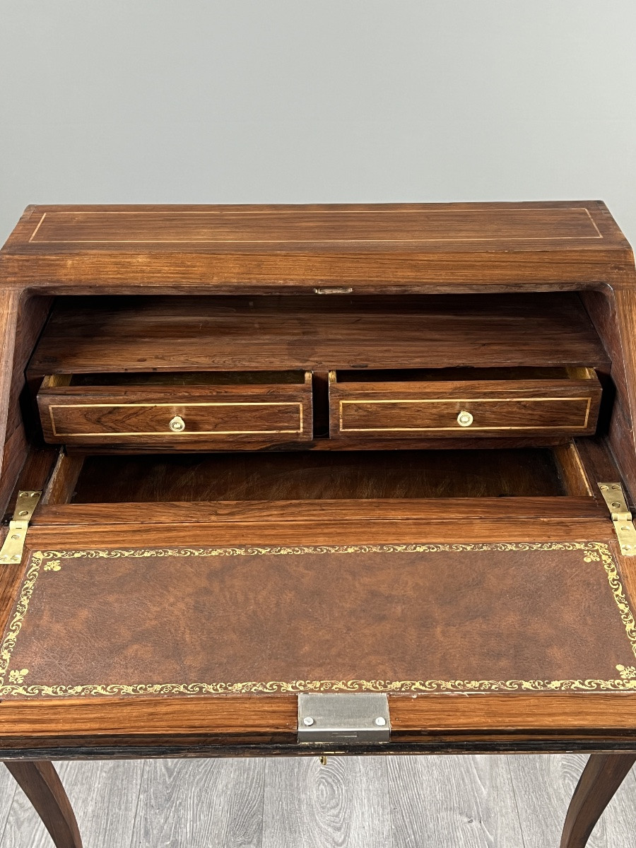 Marquetry Secretary With Flap, Louis XV Style, 19th Century-photo-4