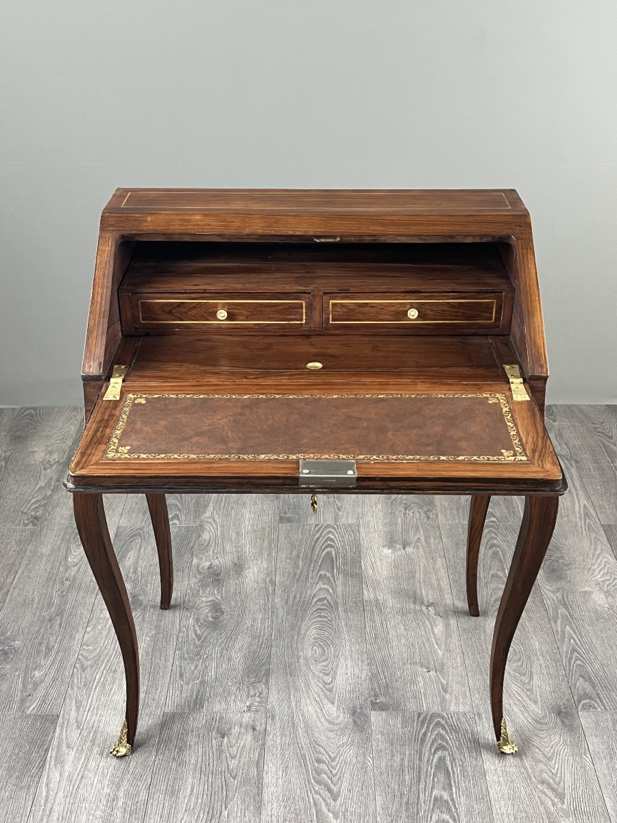 Marquetry Secretary With Flap, Louis XV Style, 19th Century-photo-1
