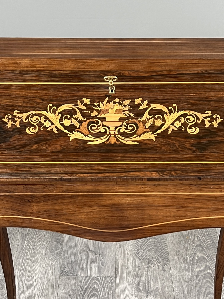 Marquetry Secretary With Flap, Louis XV Style, 19th Century-photo-2