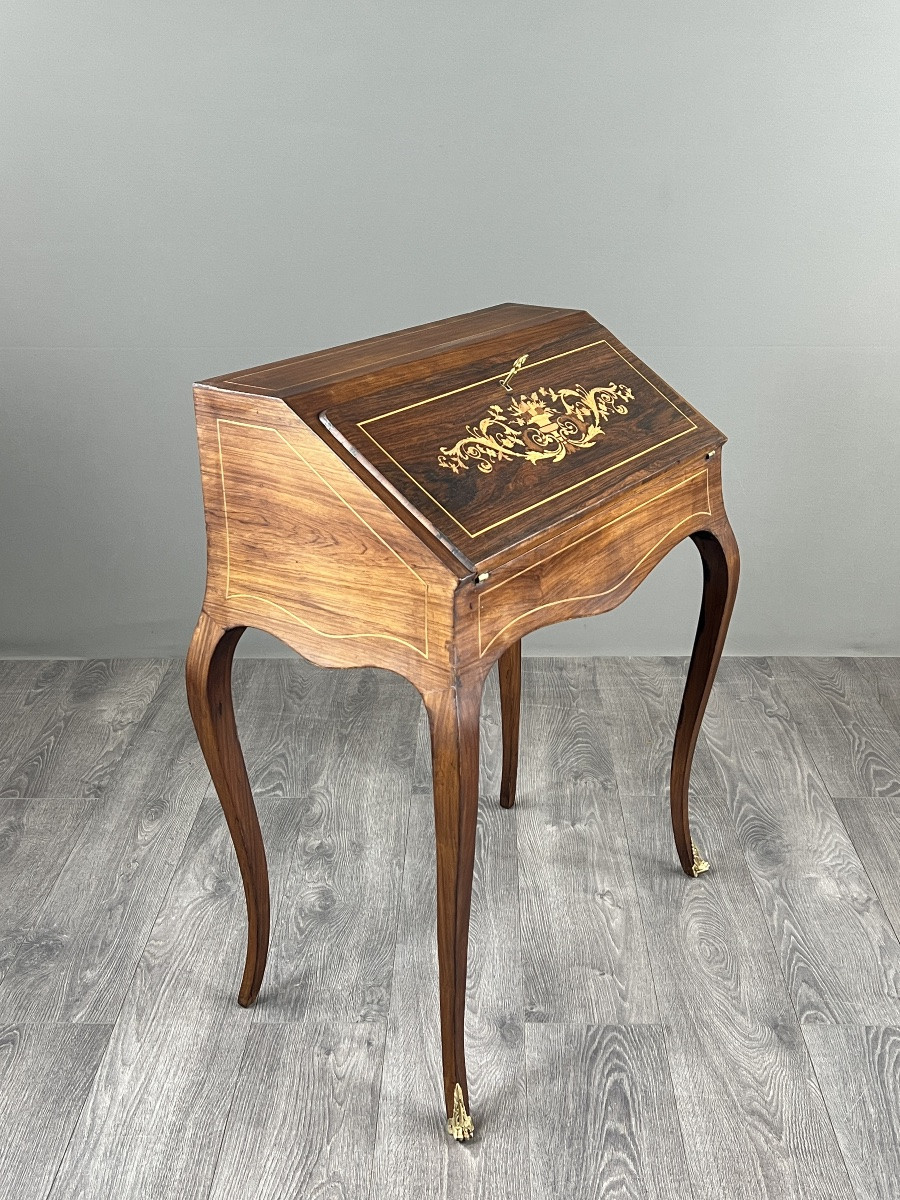 Marquetry Secretary With Flap, Louis XV Style, 19th Century-photo-3