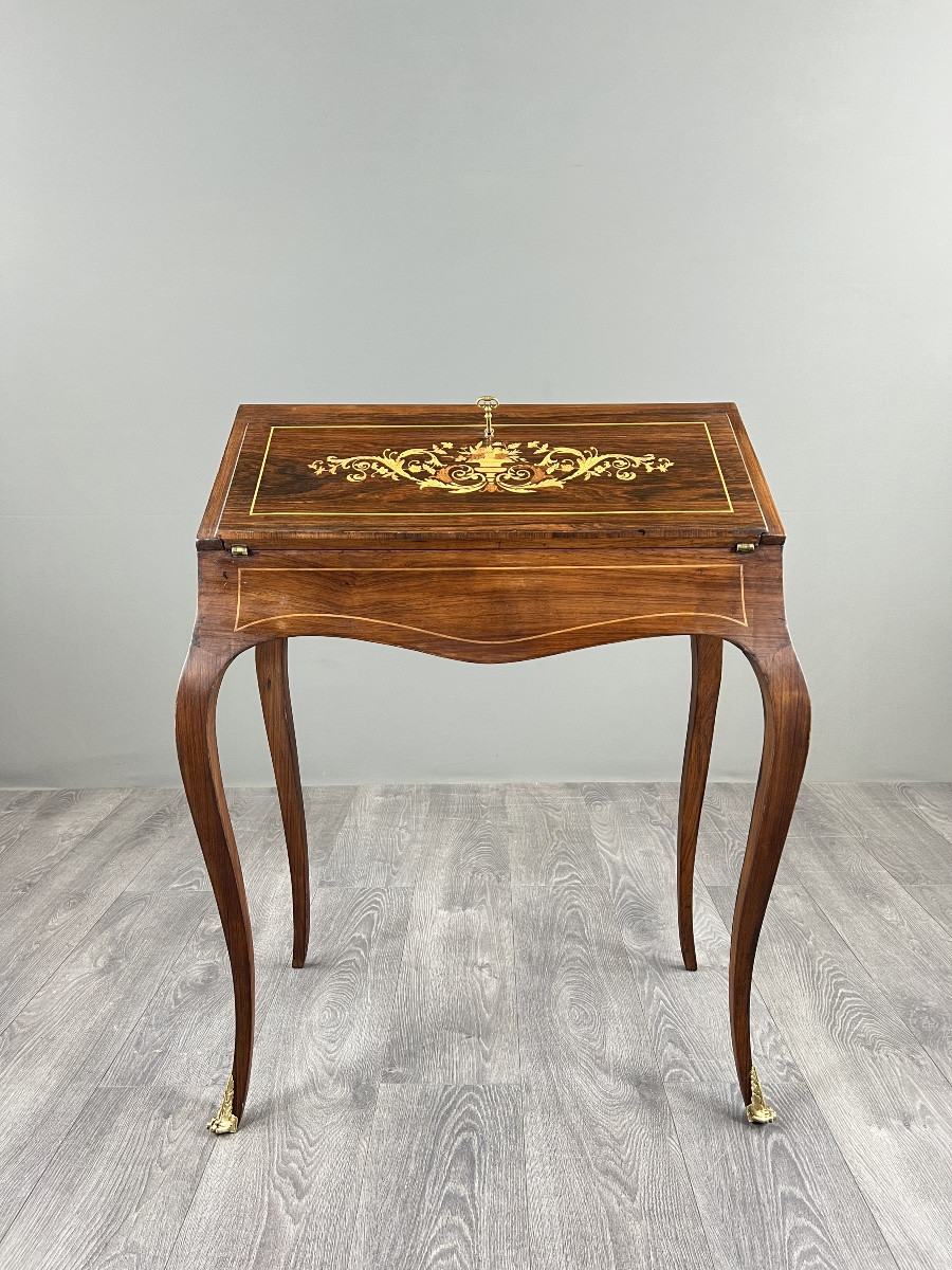 Marquetry Secretary With Flap, Louis XV Style, 19th Century-photo-5