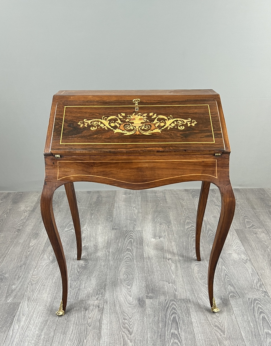 Marquetry Secretary With Flap, Louis XV Style, 19th Century