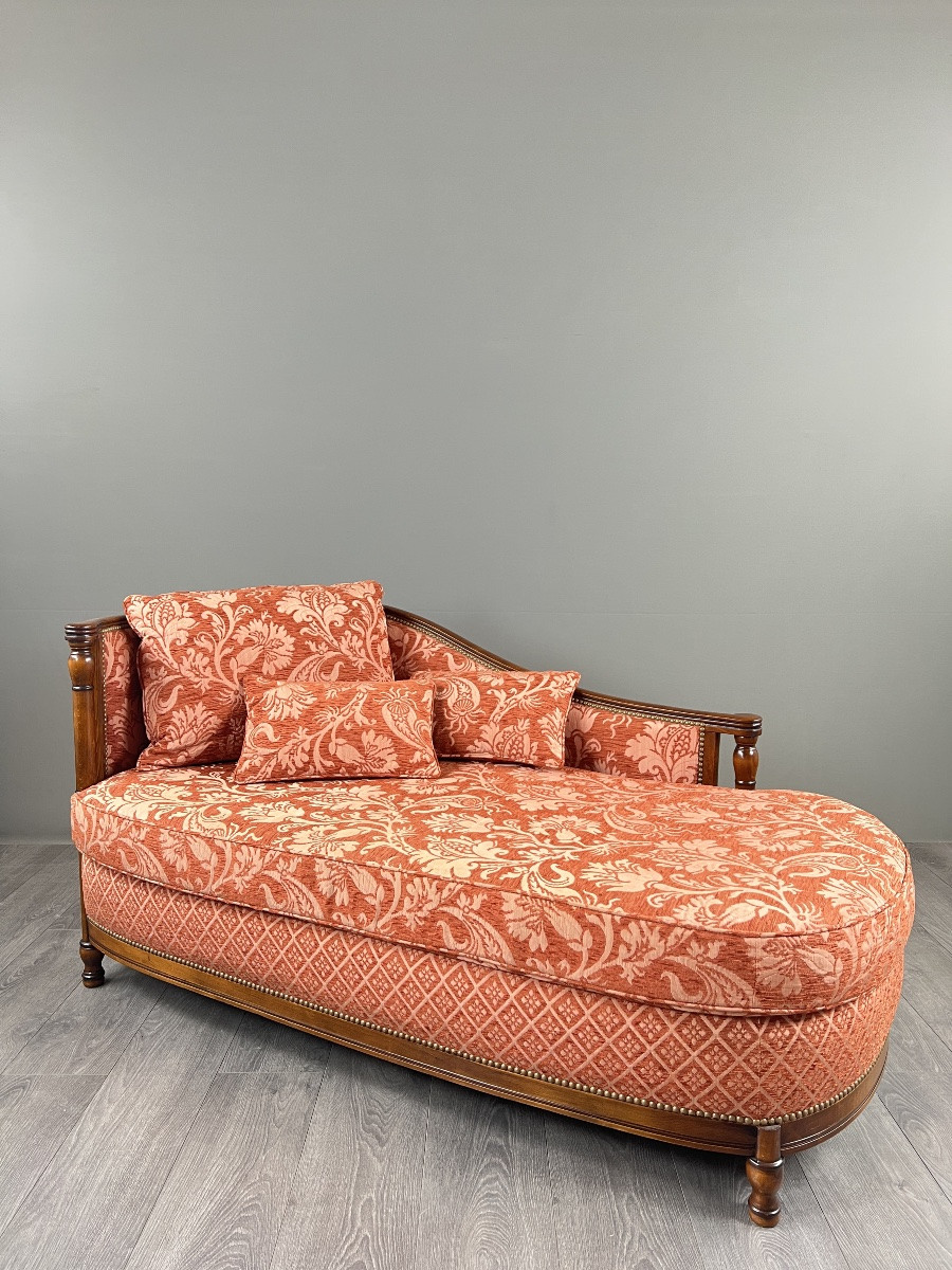 Méridienne Chaise Longue In The Louis XVI Style, Rich Floral Fabric, 20th Century-photo-3