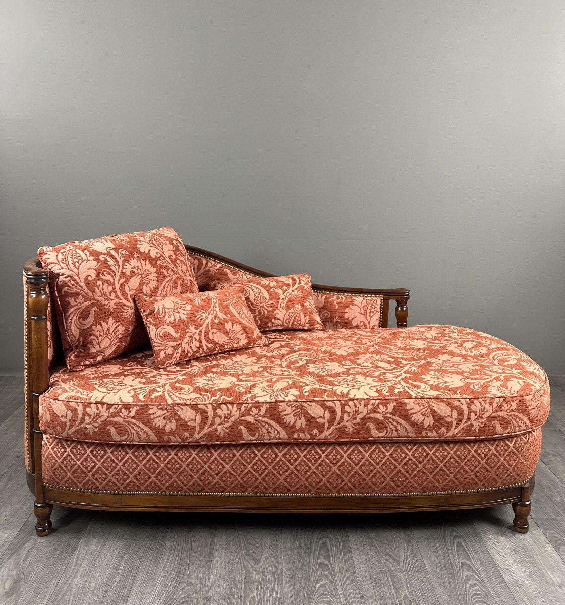 Méridienne Chaise Longue In The Louis XVI Style, Rich Floral Fabric, 20th Century