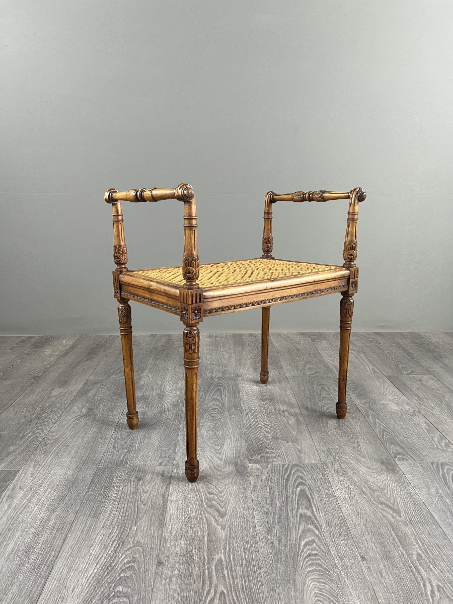 Banquette / tabouret en bois sculpté et cannage, XXe siècle-photo-3