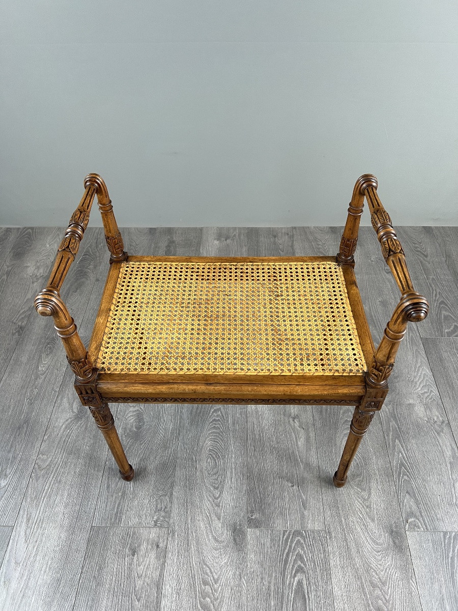 Banquette / tabouret en bois sculpté et cannage, XXe siècle-photo-1