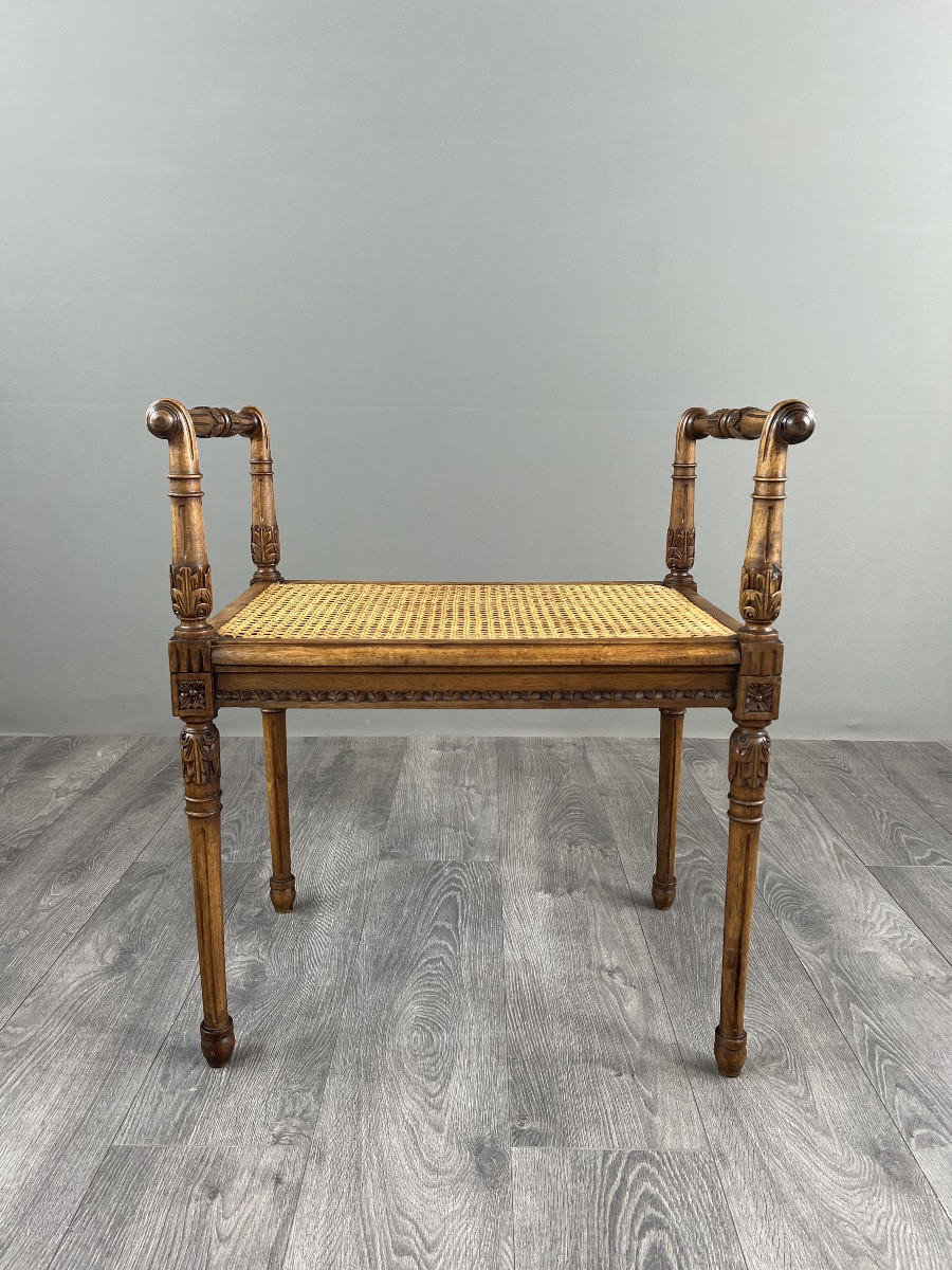 Banquette / tabouret en bois sculpté et cannage, XXe siècle-photo-2