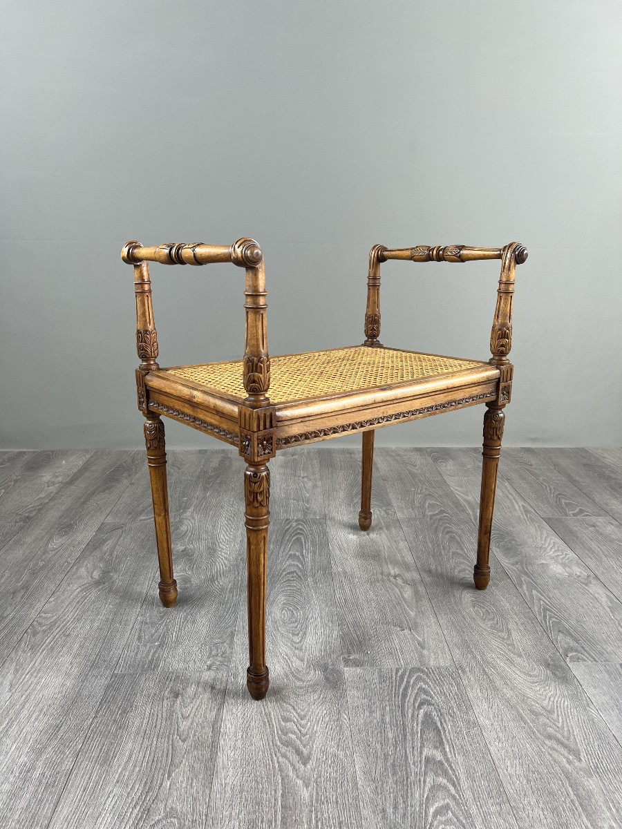 Banquette / tabouret en bois sculpté et cannage, XXe siècle-photo-4