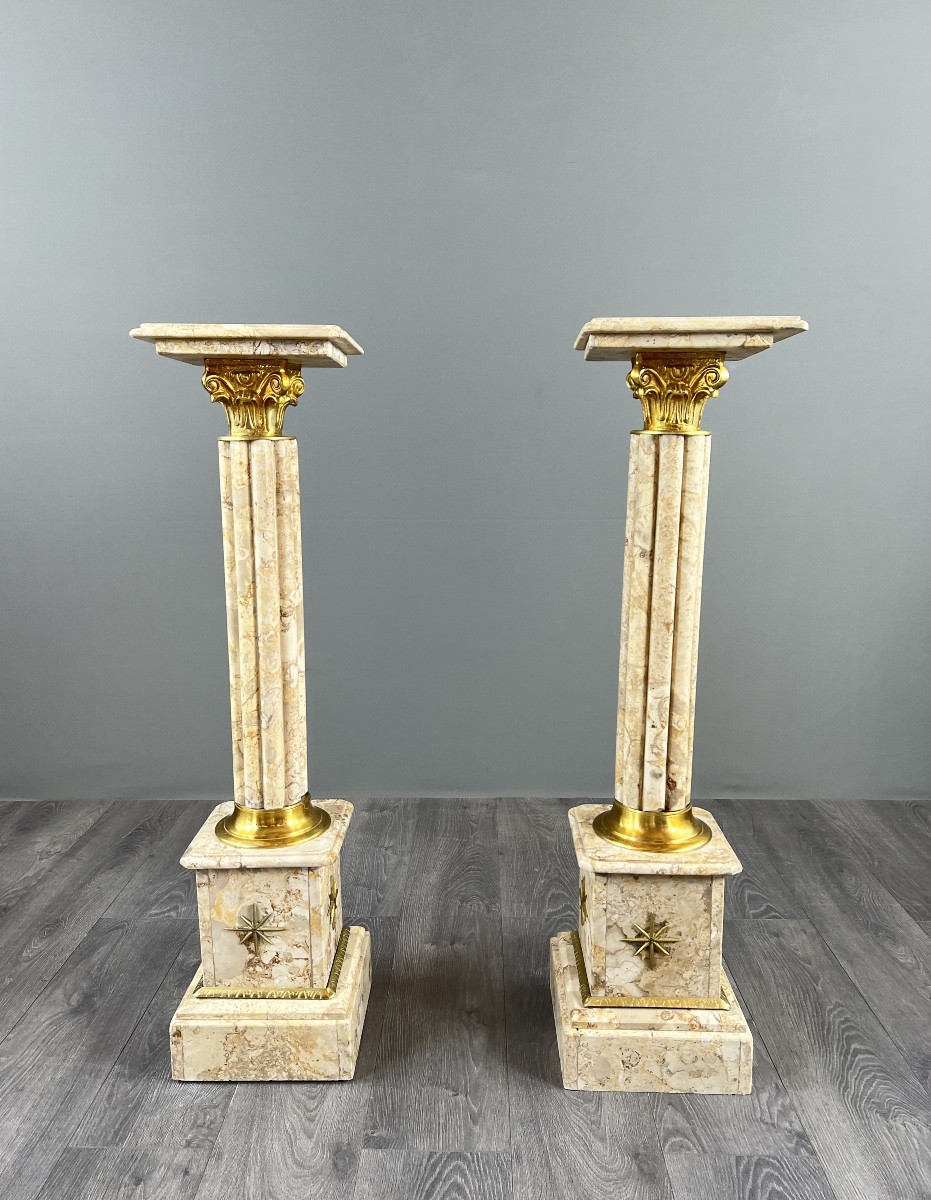Paire de colonnes sellettes en marbre et laiton,  XXe siècle