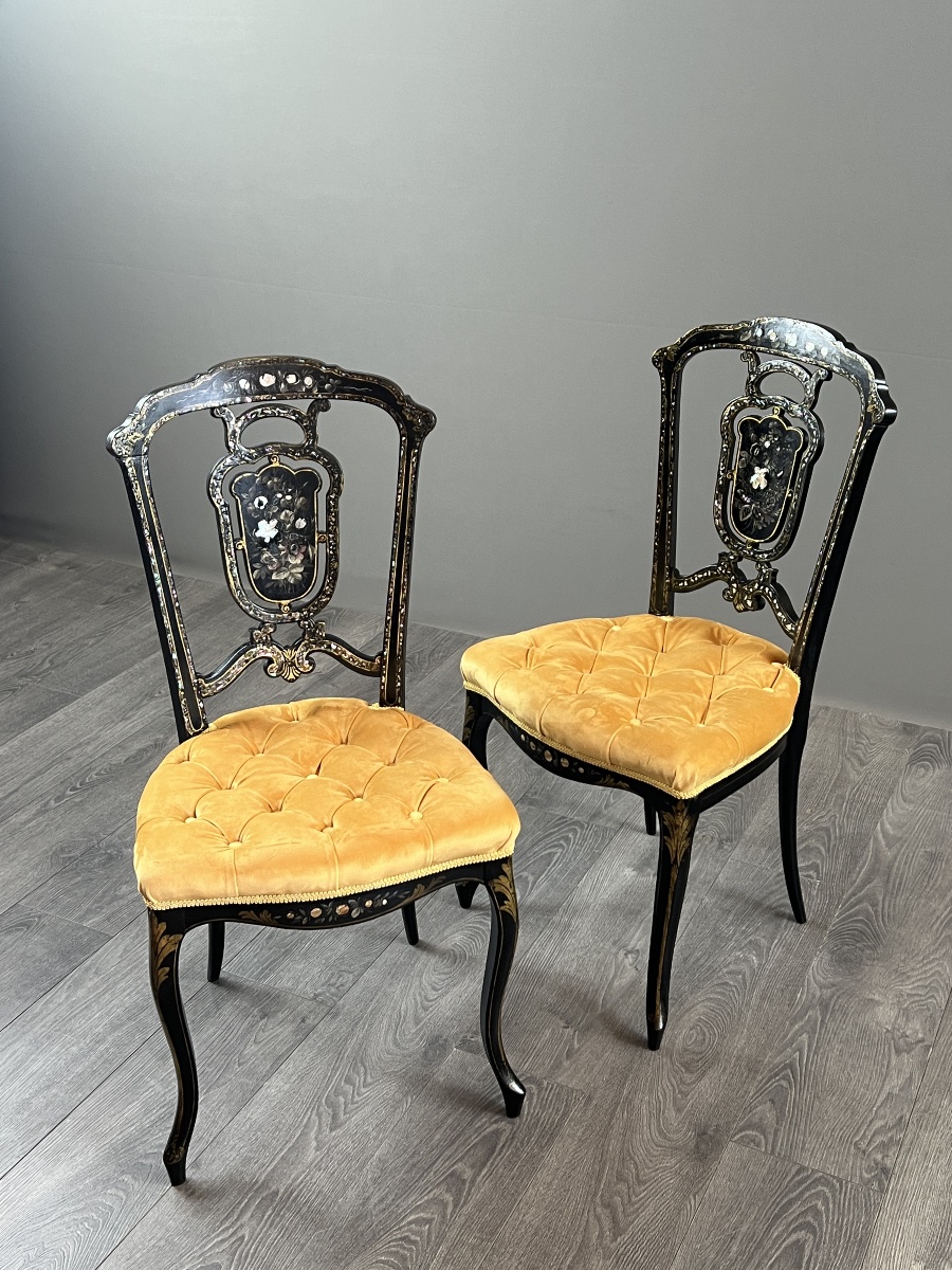 Paire de chaises Napoléon III marquetées et incrustées de nacre, XIXe Siècle-photo-2