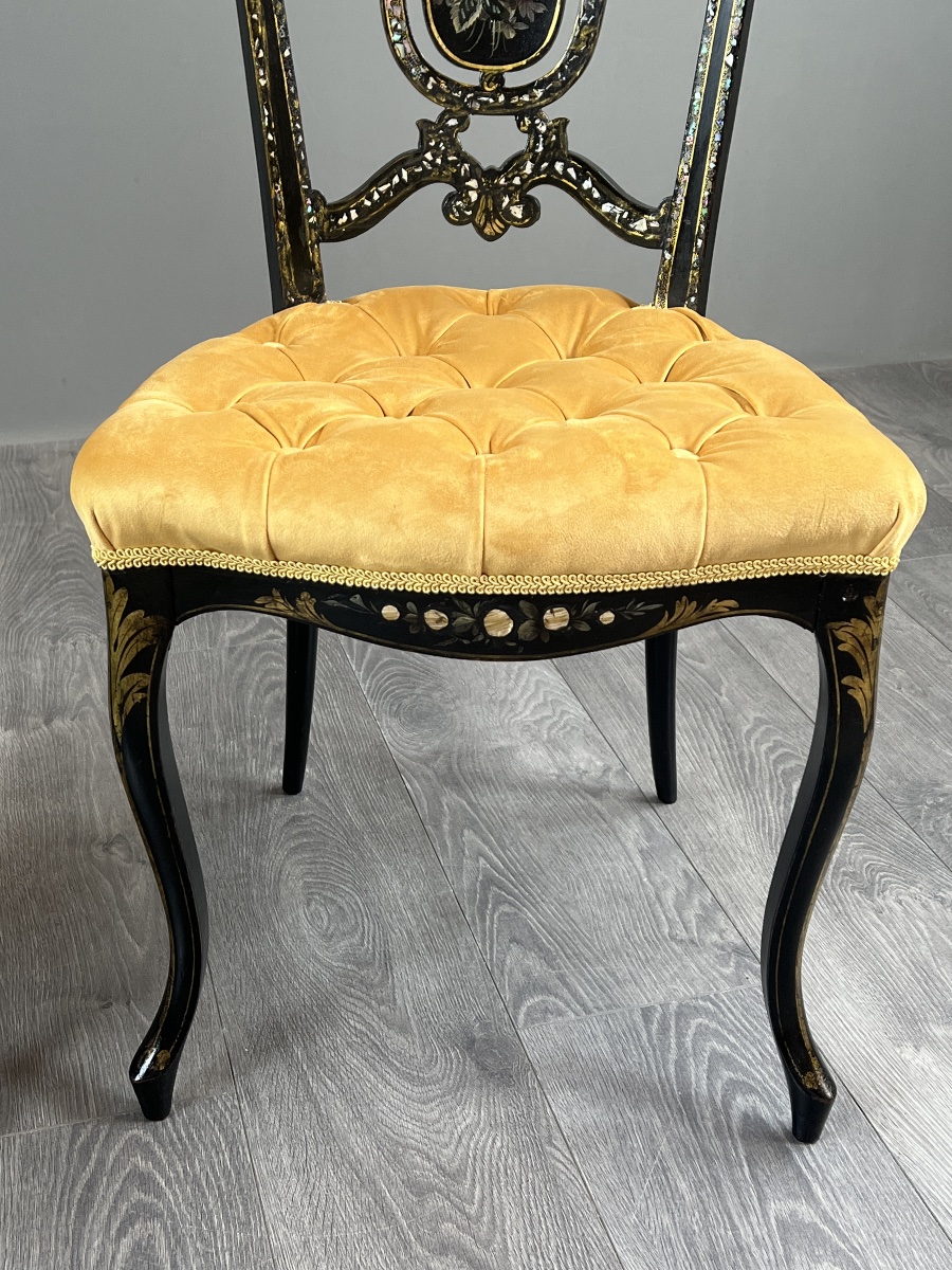 Paire de chaises Napoléon III marquetées et incrustées de nacre, XIXe Siècle-photo-4
