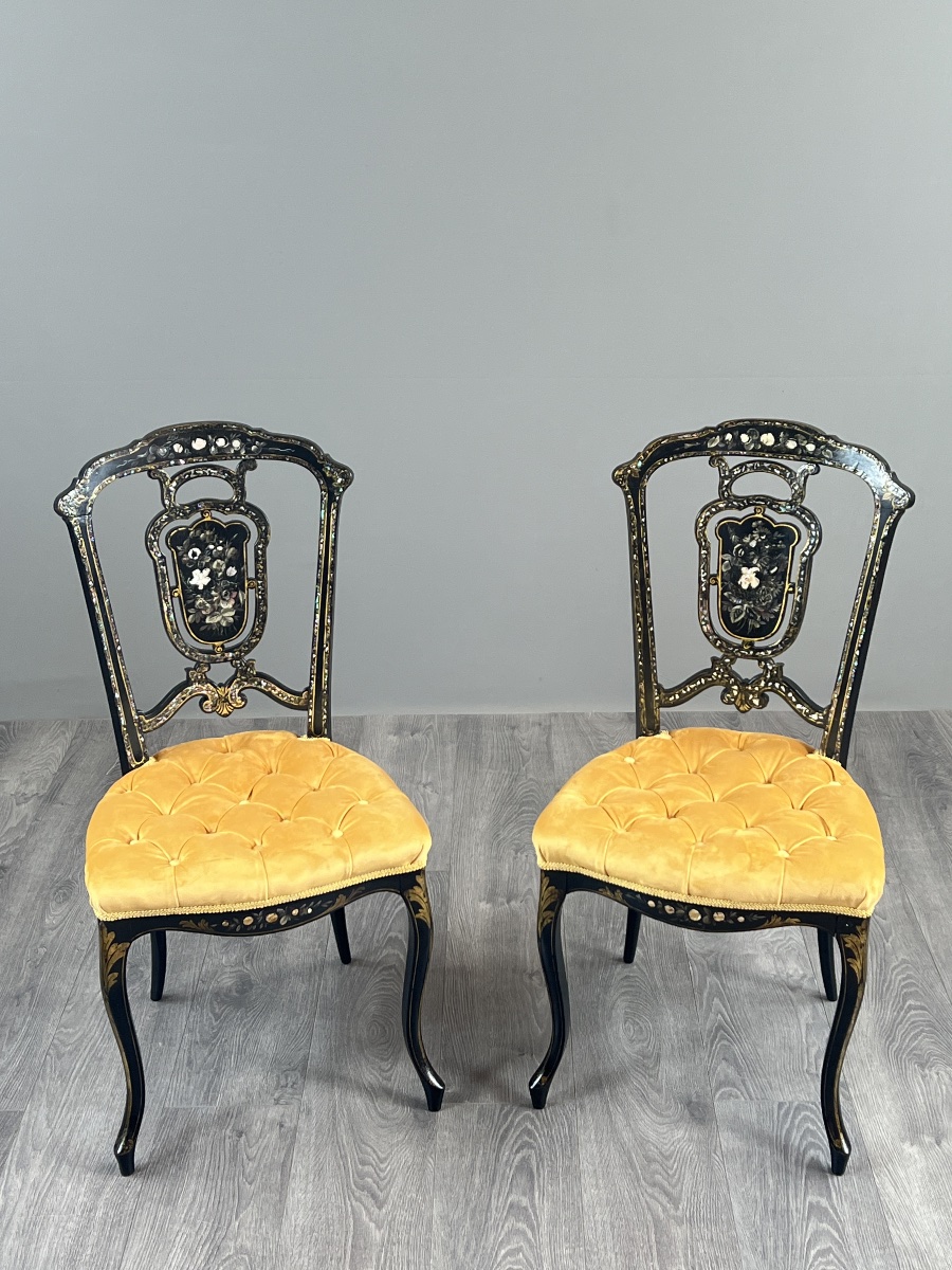 Paire de chaises Napoléon III marquetées et incrustées de nacre, XIXe Siècle-photo-4