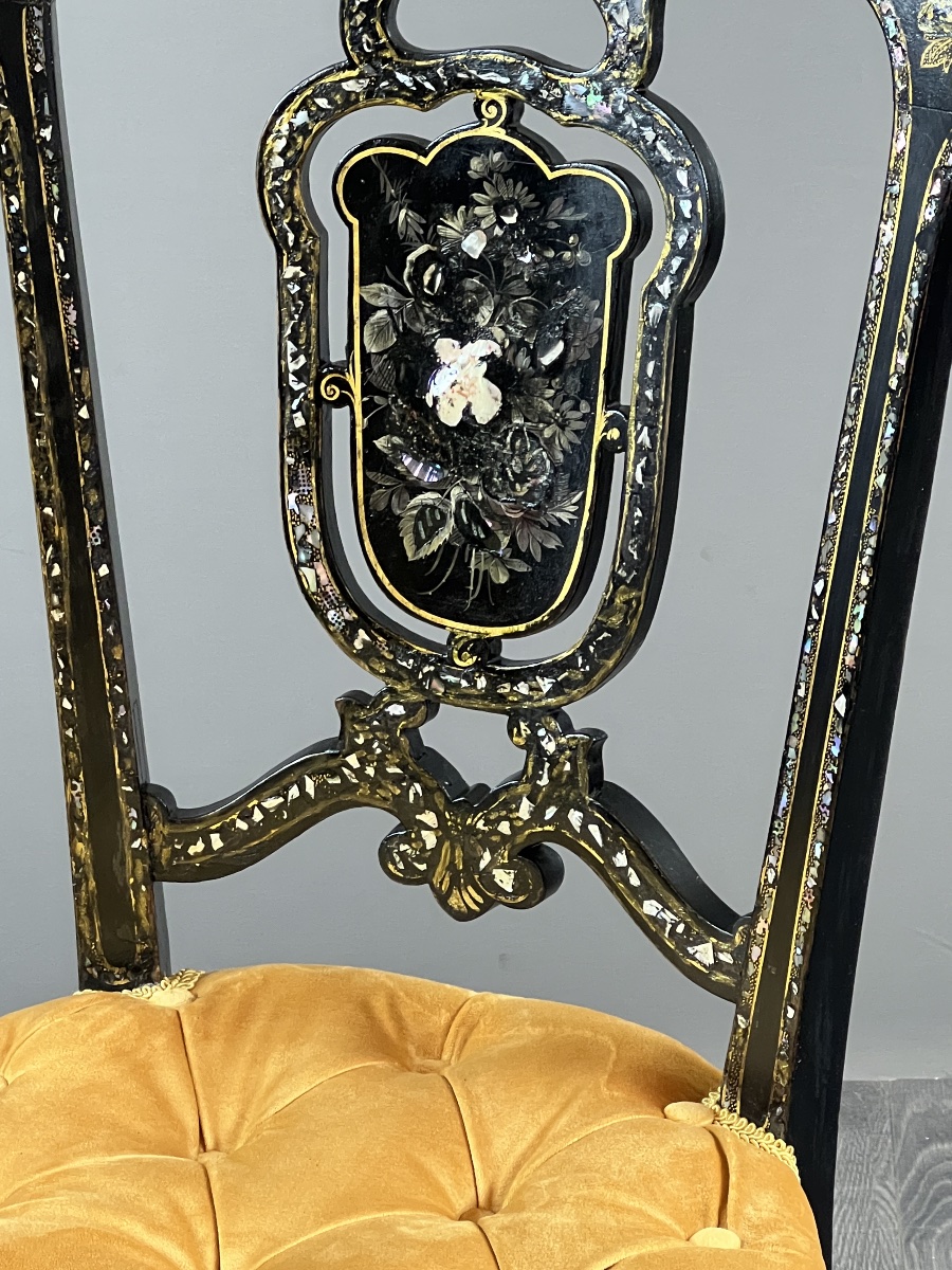 Paire de chaises Napoléon III marquetées et incrustées de nacre, XIXe Siècle-photo-5