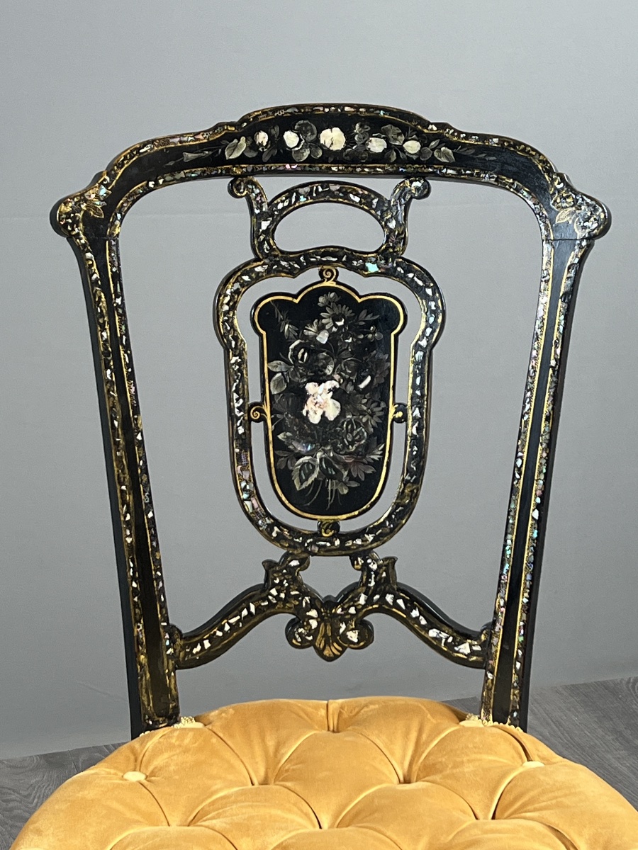 Paire de chaises Napoléon III marquetées et incrustées de nacre, XIXe Siècle-photo-6