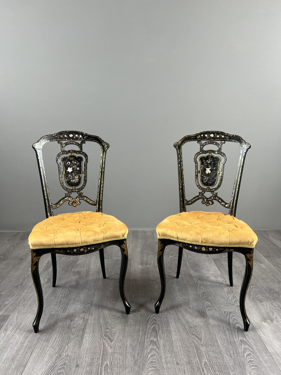 Paire de chaises Napoléon III marquetées et incrustées de nacre, XIXe Siècle-photo-7