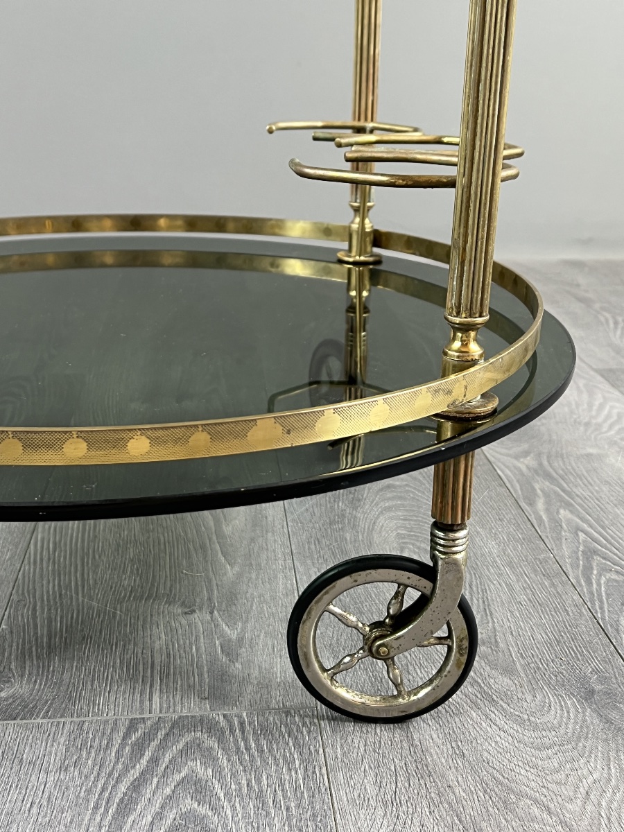 Rolling Table In Brass And Smoked Glass, 20th Century-photo-4