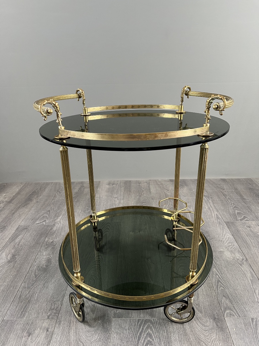 Rolling Table In Brass And Smoked Glass, 20th Century-photo-1