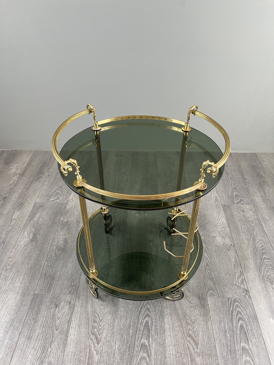 Rolling Table In Brass And Smoked Glass, 20th Century-photo-2