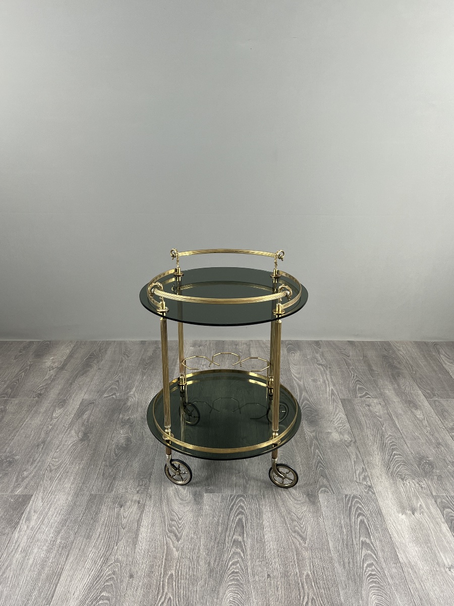 Rolling Table In Brass And Smoked Glass, 20th Century-photo-4