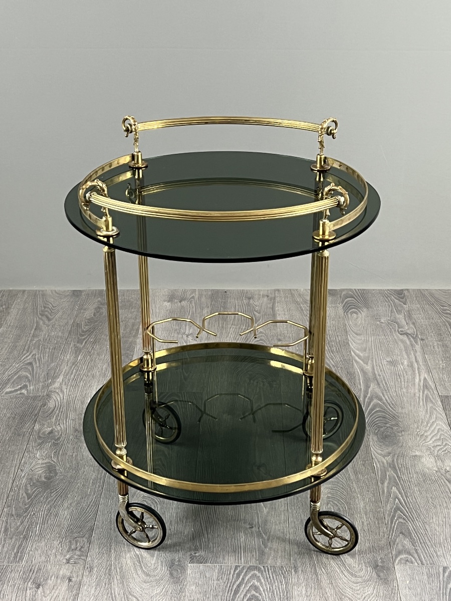 Rolling Table In Brass And Smoked Glass, 20th Century-photo-6