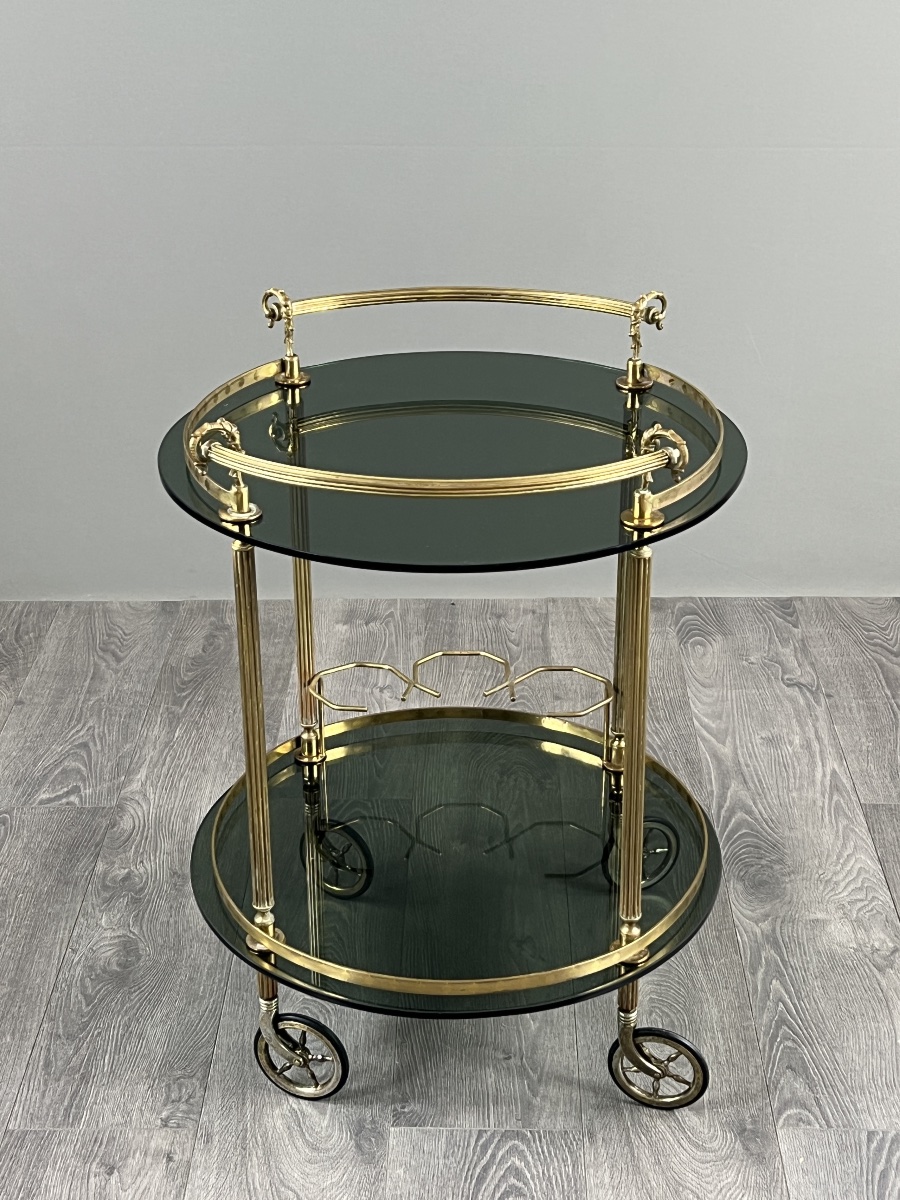 Rolling Table In Brass And Smoked Glass, 20th Century