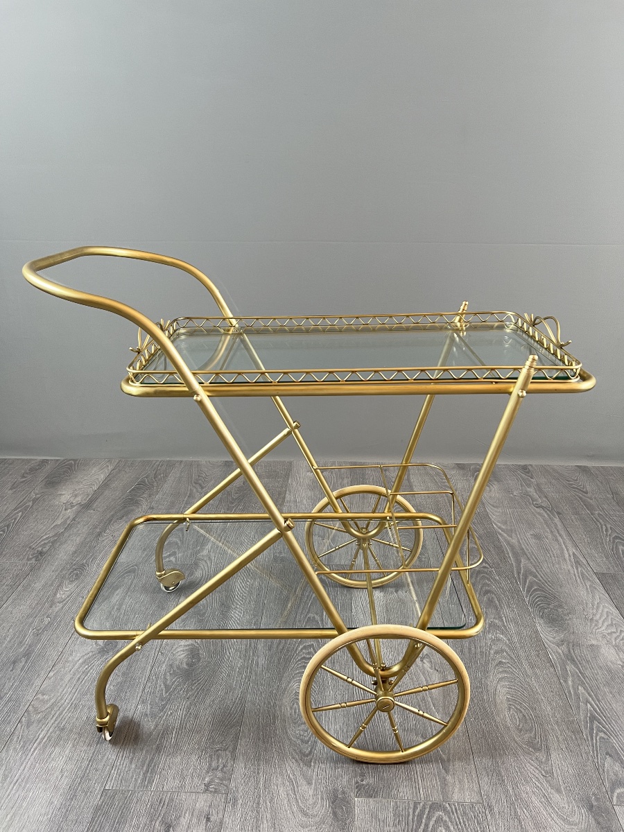 Brass And Glass Table On Wheels, 20th Century-photo-2