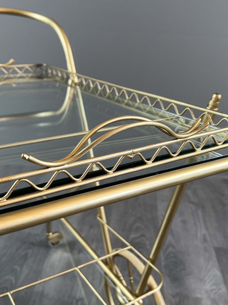 Brass And Glass Table On Wheels, 20th Century-photo-3