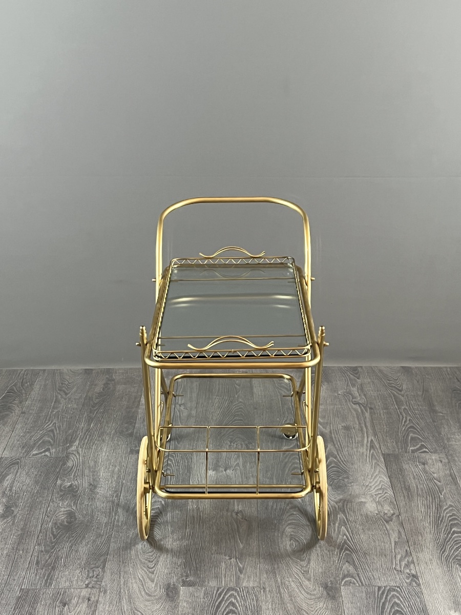 Brass And Glass Table On Wheels, 20th Century-photo-2