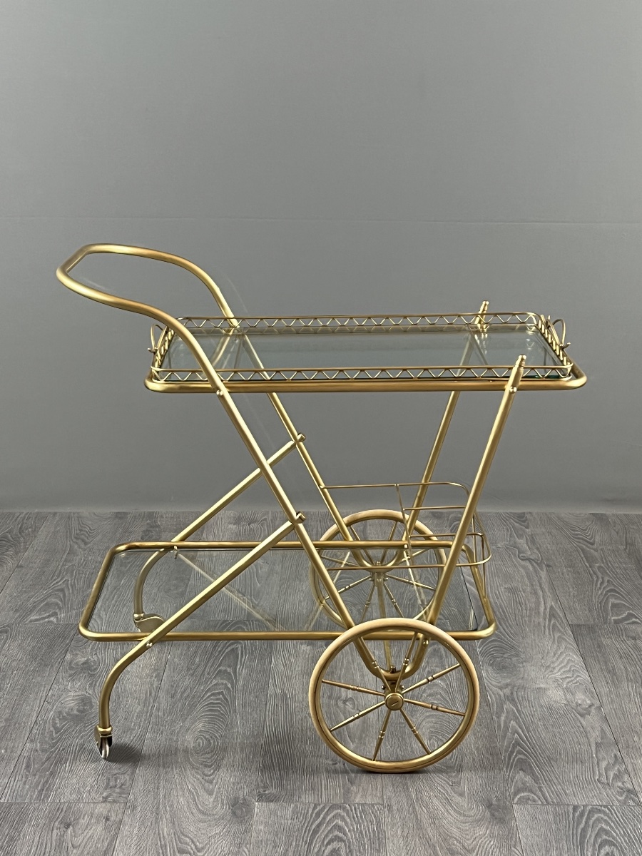 Brass And Glass Table On Wheels, 20th Century-photo-4