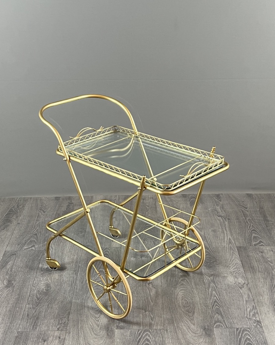 Brass And Glass Table On Wheels, 20th Century