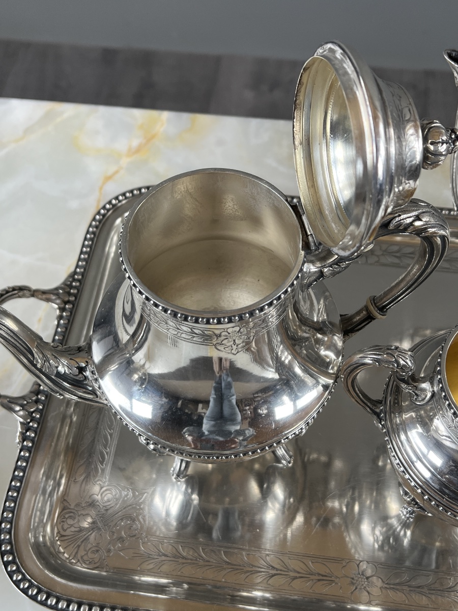 Service à thé et café en métal argenté, 5 pièces avec plateau, fin XIXe siècle-photo-1