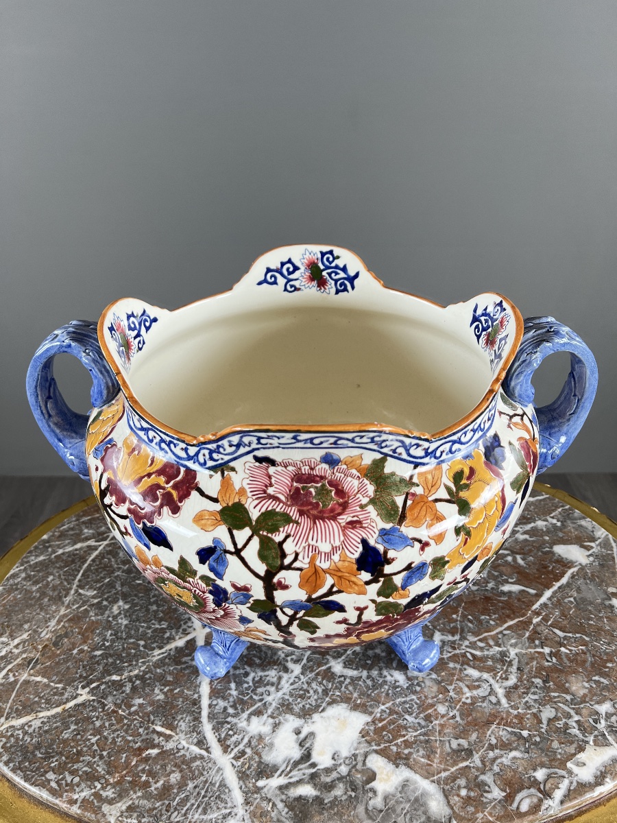 Large Gien Earthenware Cachepot Decorated With Peonies , XXth Century-photo-2