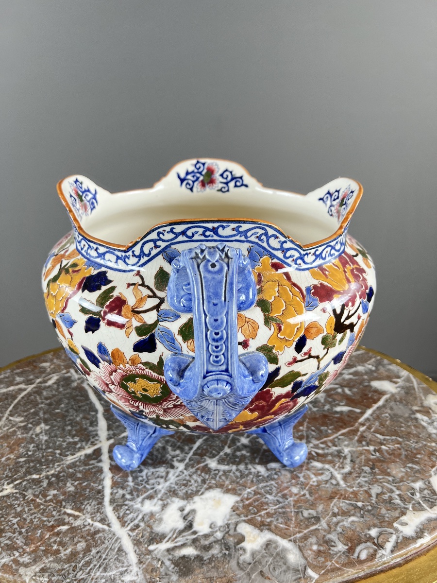 Large Gien Earthenware Cachepot Decorated With Peonies , XXth Century-photo-4