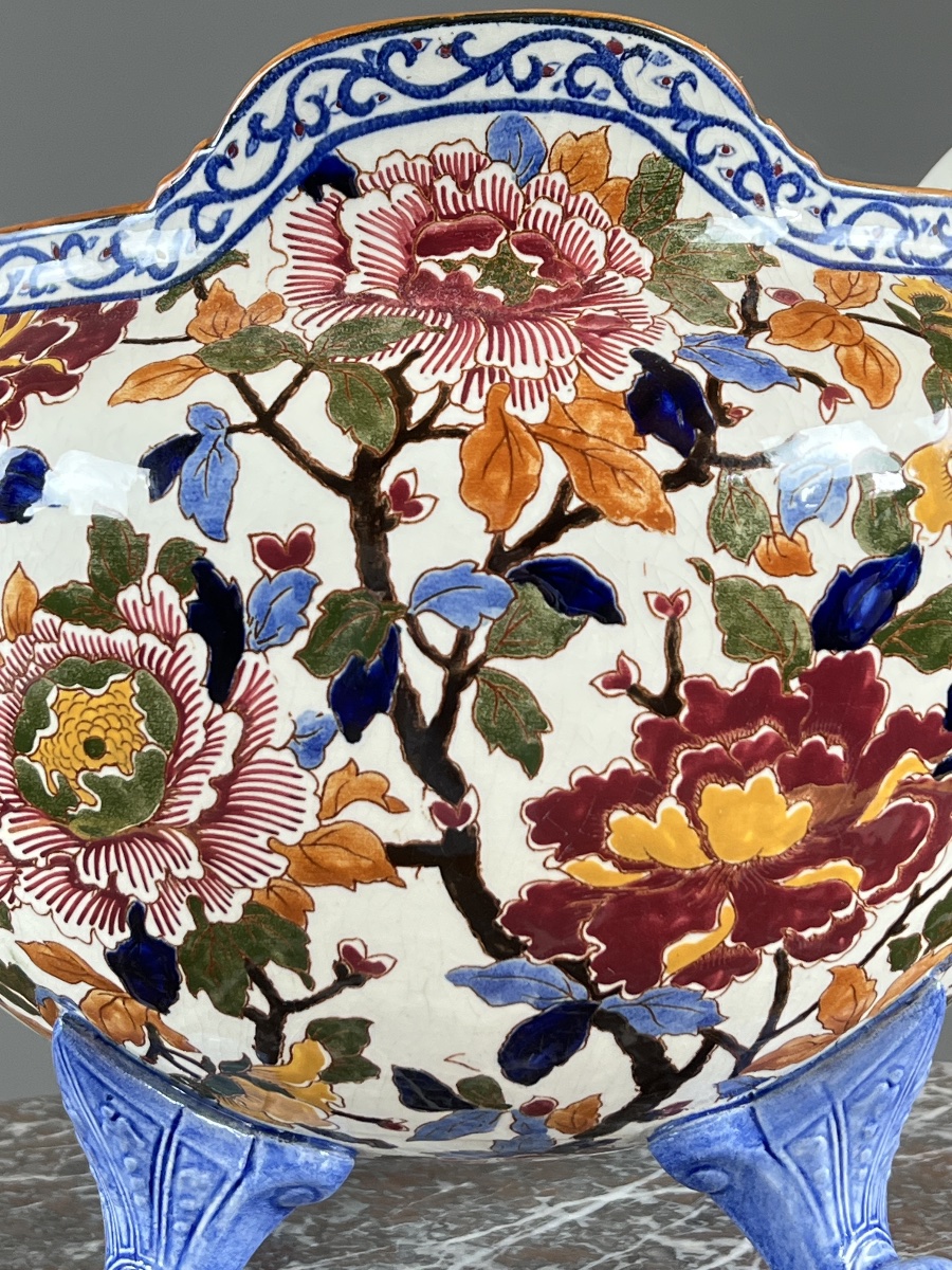 Large Gien Earthenware Cachepot Decorated With Peonies , XXth Century-photo-1