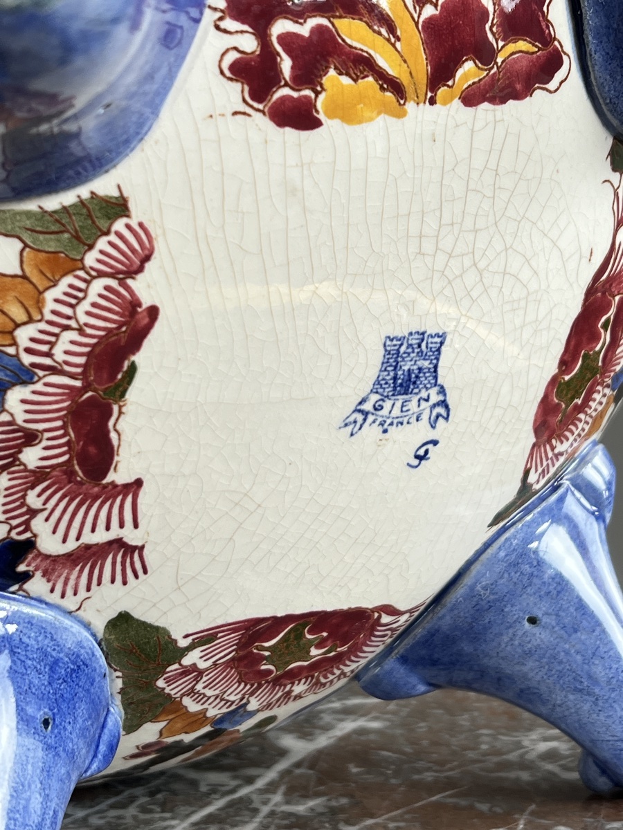 Large Gien Earthenware Cachepot Decorated With Peonies , XXth Century-photo-2