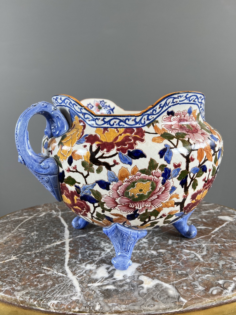 Large Gien Earthenware Cachepot Decorated With Peonies , XXth Century-photo-3