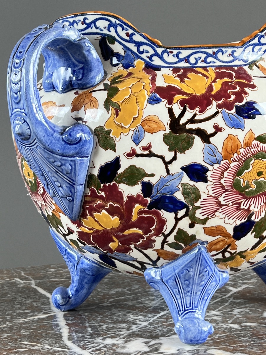 Large Gien Earthenware Cachepot Decorated With Peonies , XXth Century-photo-4
