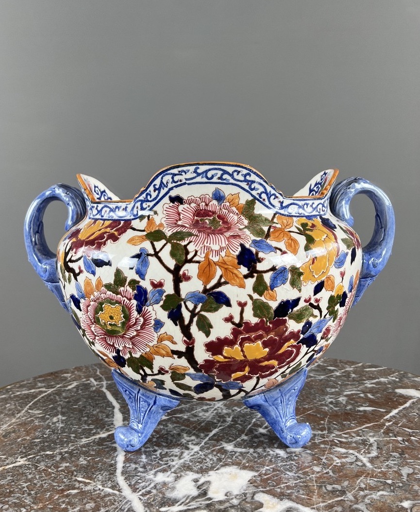 Large Gien Earthenware Cachepot Decorated With Peonies , XXth Century