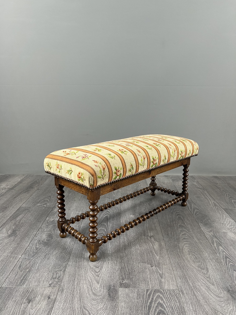 Antique Turned Wood Bench Seat Floral Tapestry, 20th Century-photo-2