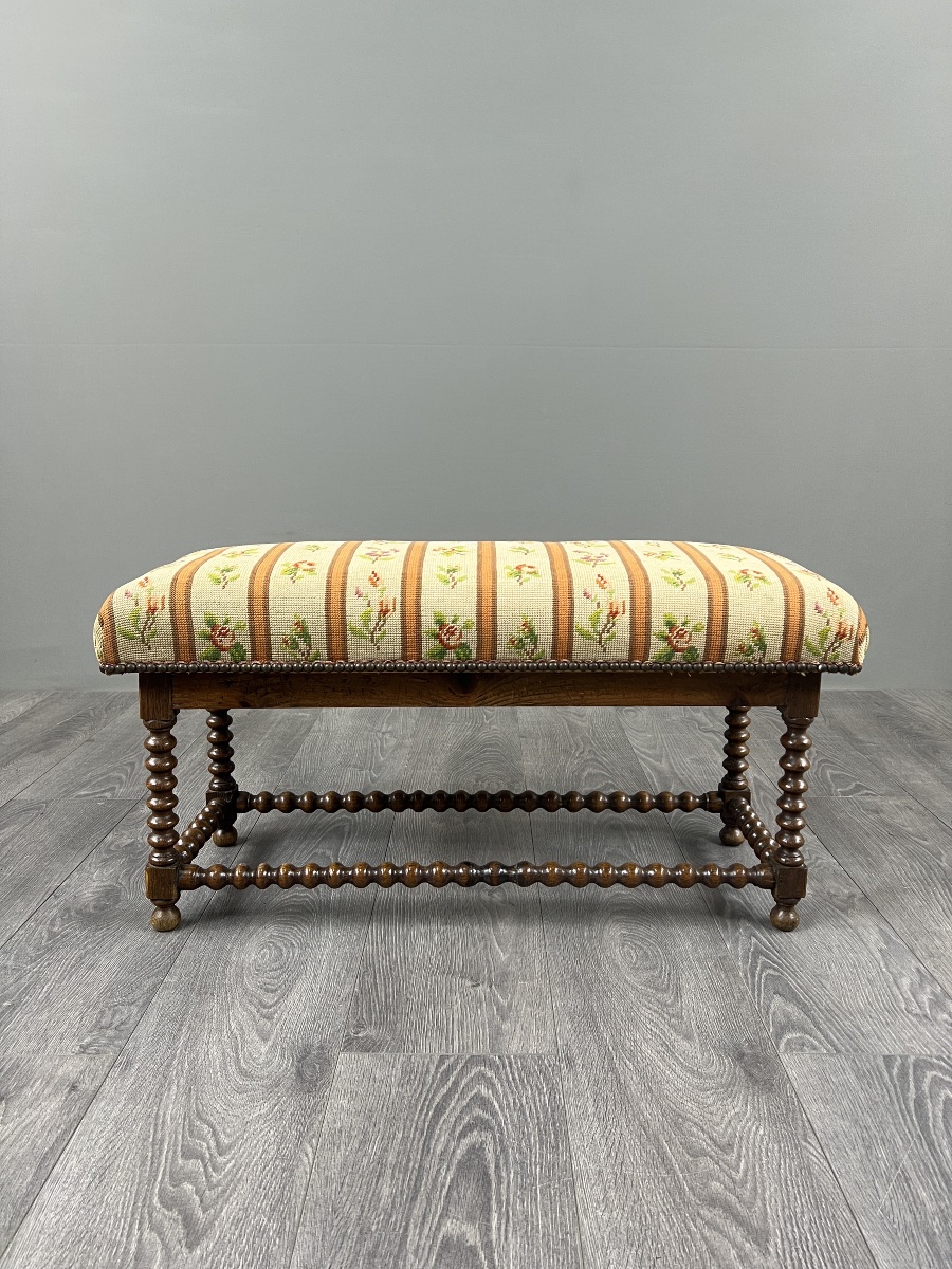 Antique Turned Wood Bench Seat Floral Tapestry, 20th Century-photo-3