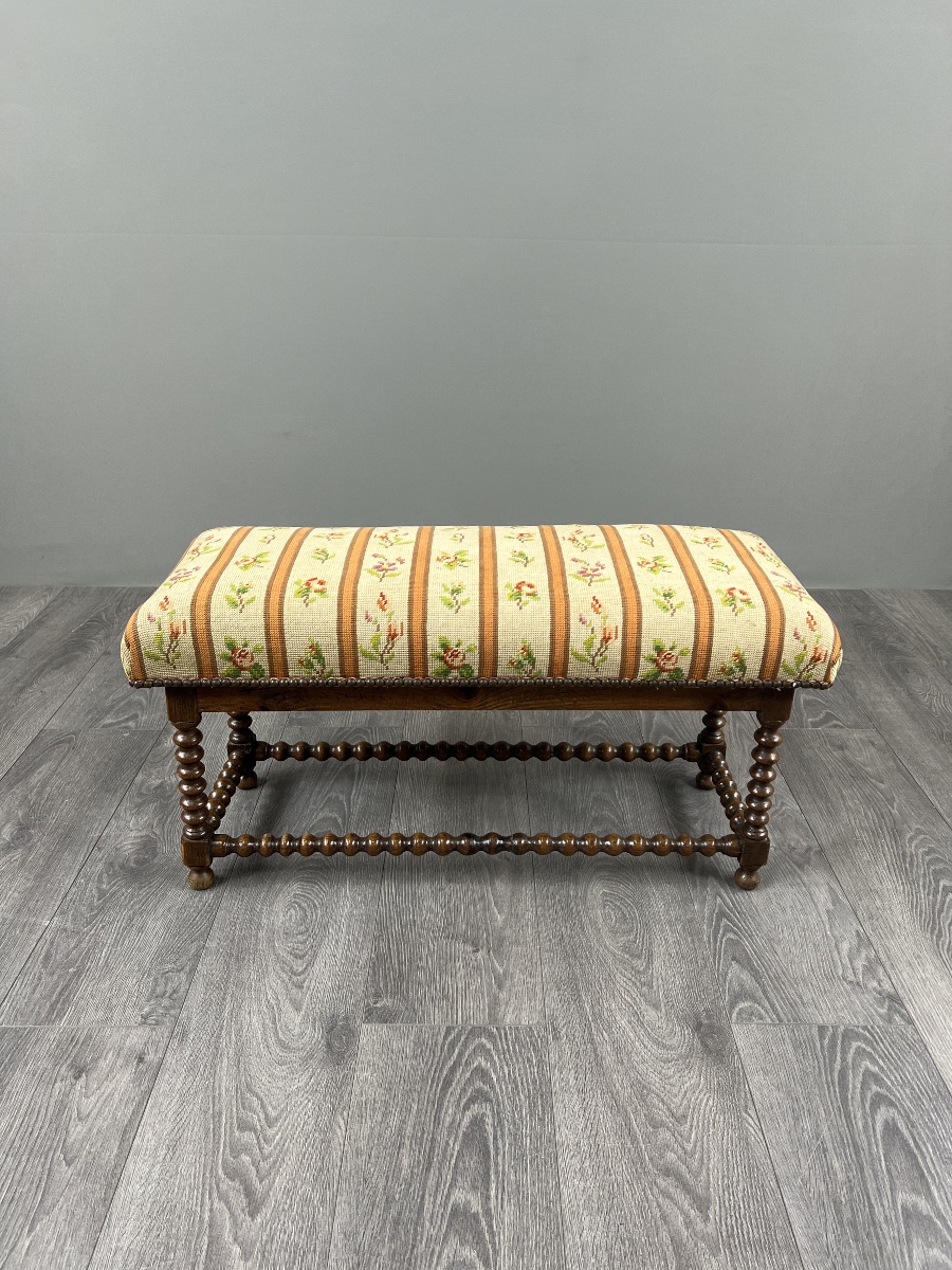Antique Turned Wood Bench Seat Floral Tapestry, 20th Century-photo-4